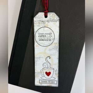 Handcrafted Hand-Stamped Coffee-Themed Bookmark with Heart Design